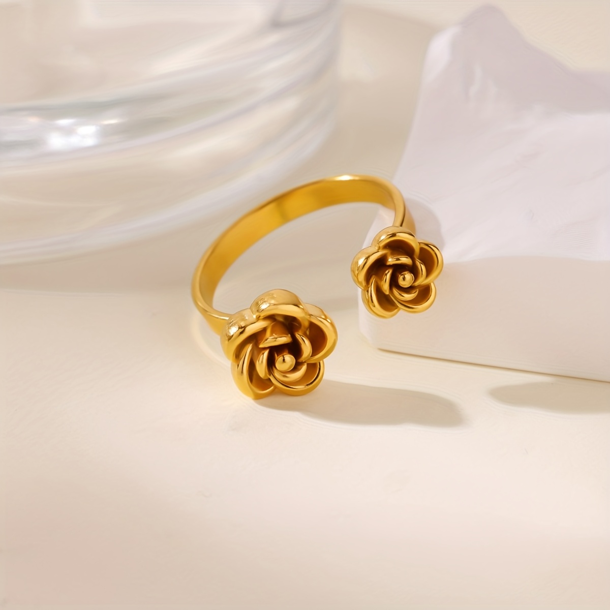 Stainless Steel Rose Flower Open Ring, Classic French Style